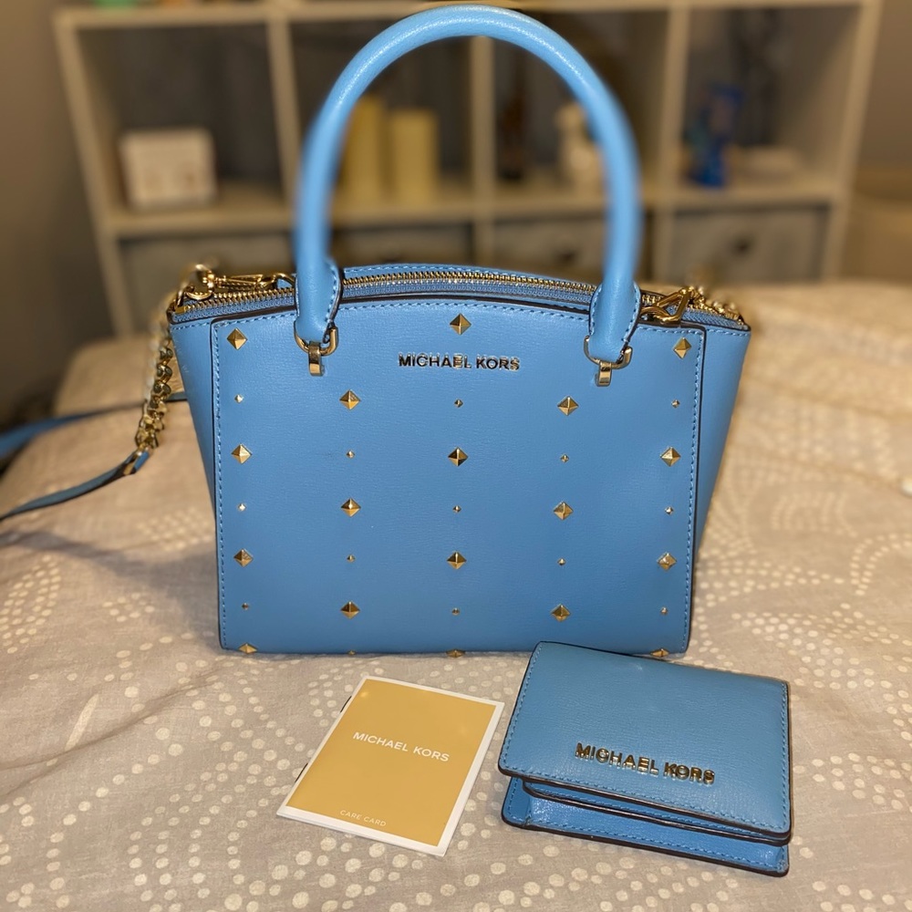 Michael Kors Blue Studded Purse + Matching Wallet